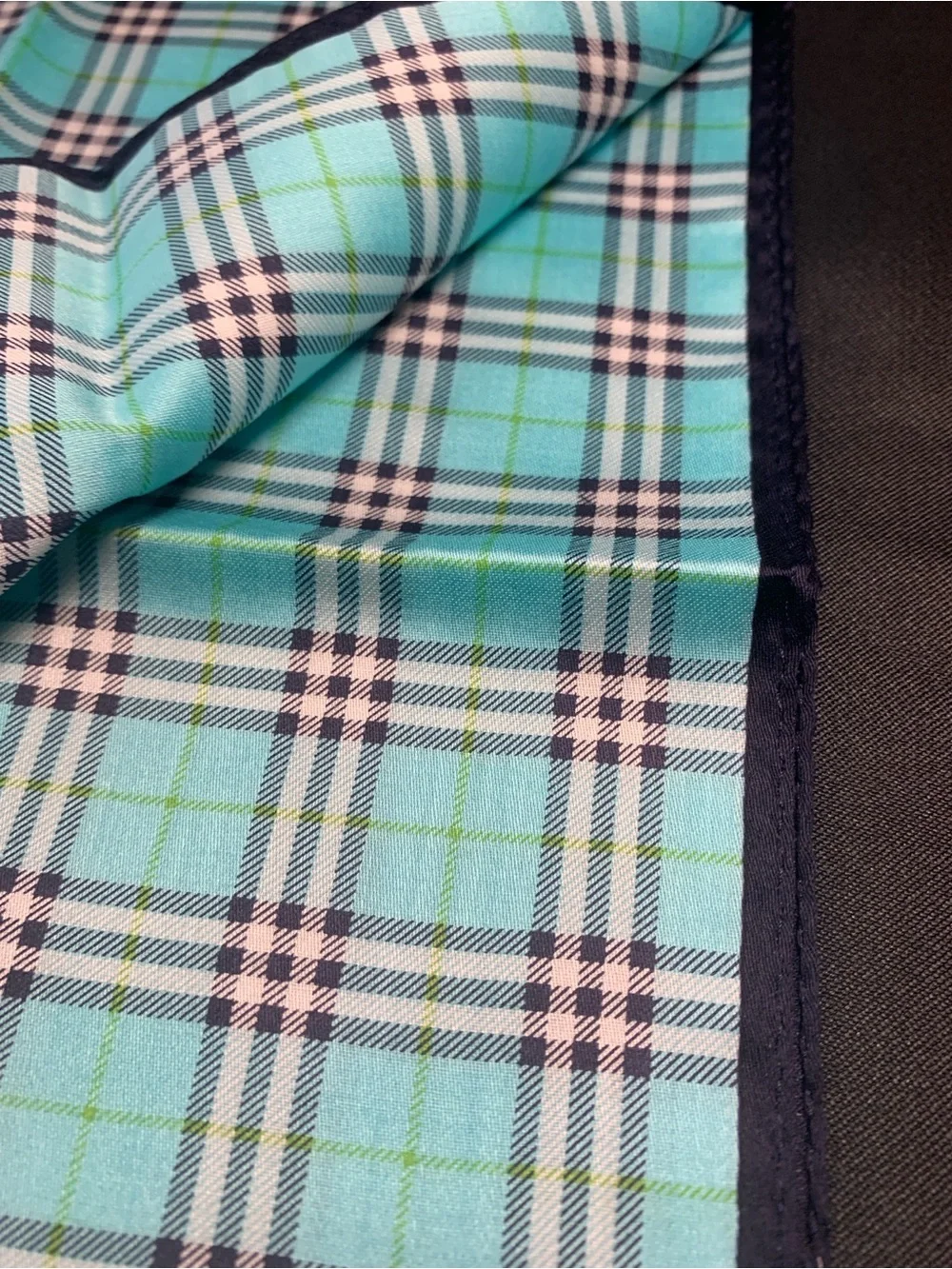 Burberry Plaid Handkerchief in Aqua Blue and Navy Trim